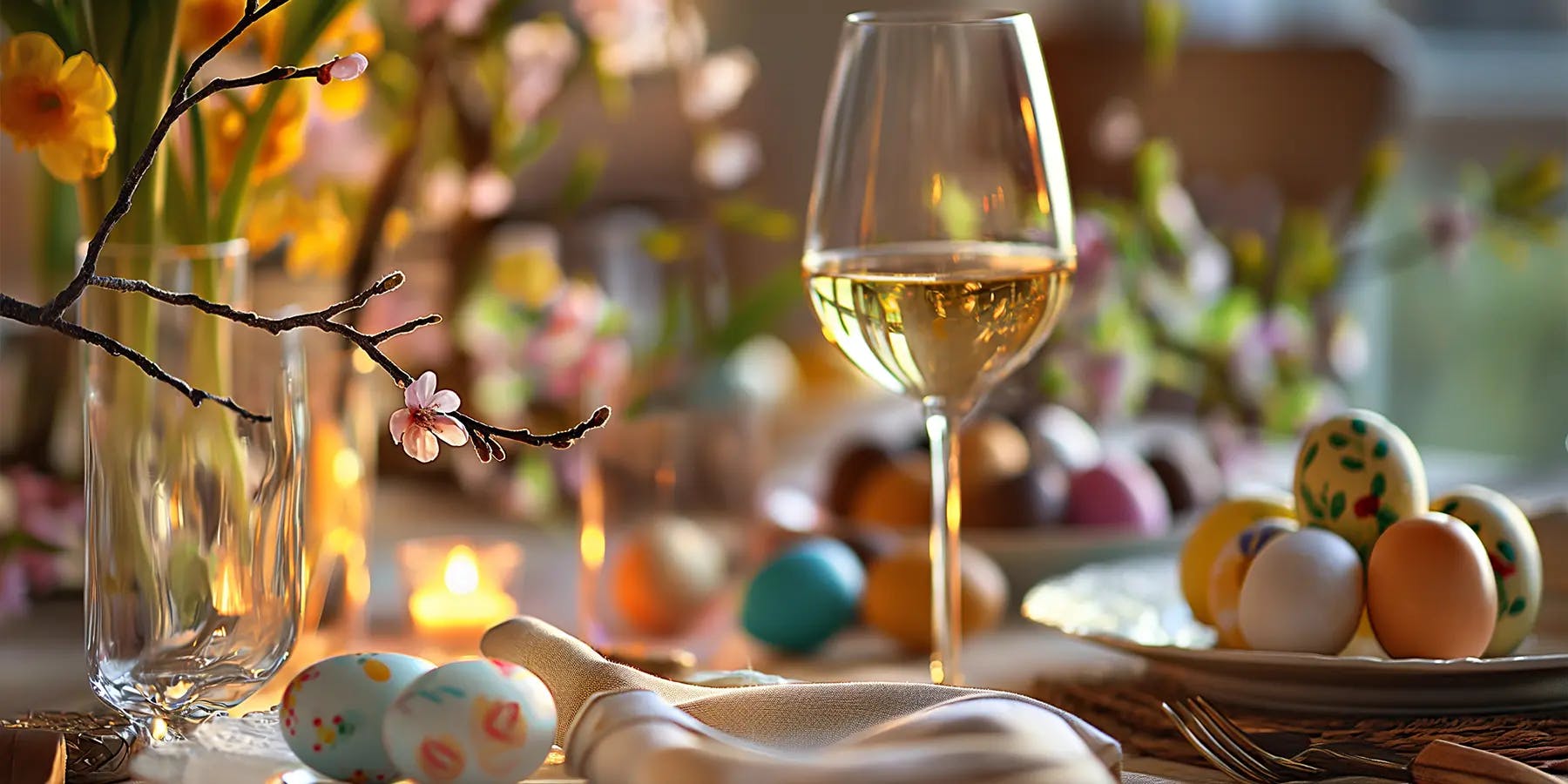 Glass of white wine, Easter table